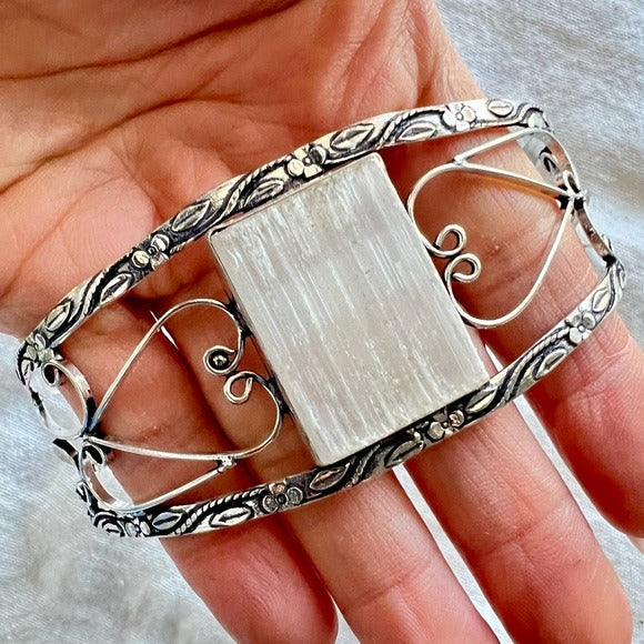 925 RAW Selenite Crystal Charging Cuff Bracelet