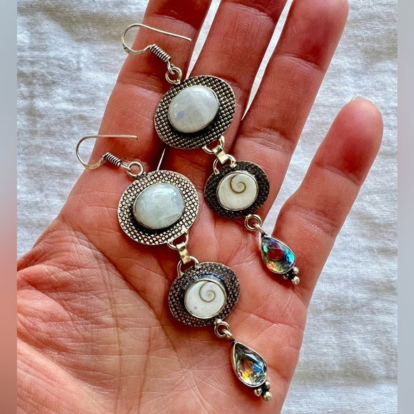 925 AMAZING! Rainbow Moonstone + Shivas Eye + Mystic Topaz Earrings