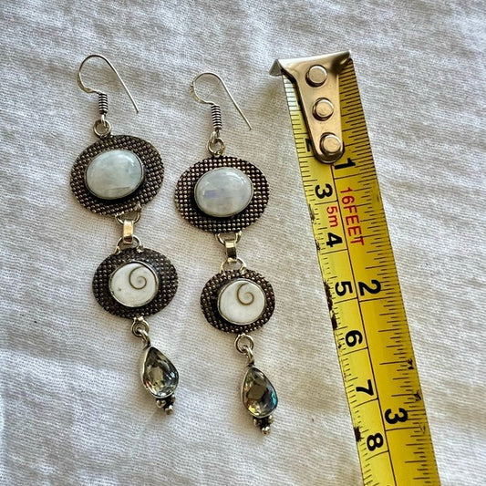 925 AMAZING! Rainbow Moonstone + Shivas Eye + Mystic Topaz Earrings