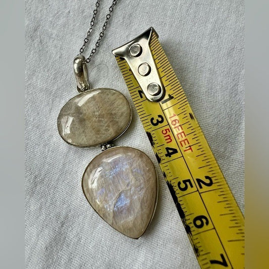 925 STUNNING! Double FLASH PEACH MOONSTONE Pendant Necklace