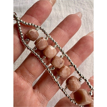 925 Peach ADVENTURINE Faceted Bead Bracelet 7-9”