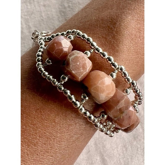 925 Peach ADVENTURINE Faceted Bead Bracelet 7-9”