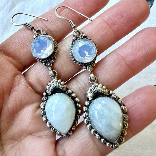 925 Rainbow Moonstone + Opalite Chandelier Earrings