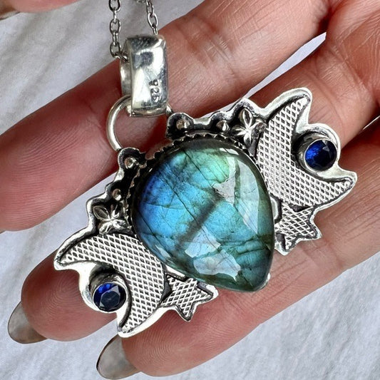 925 OMG OMG Mystical Flash Labradorite Moon + Star Pendant Necklace