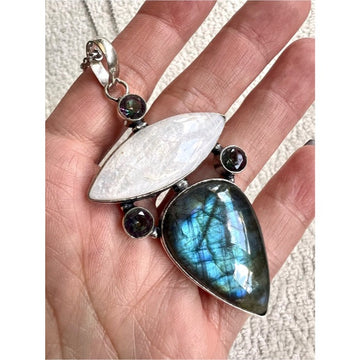 925 Moonbean Moonstone + Blue Flash Labradorite + Mystic Topaz Pendant Necklace