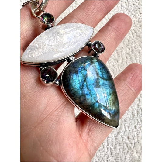 925 Moonbean Moonstone + Blue Flash Labradorite + Mystic Topaz Pendant Necklace