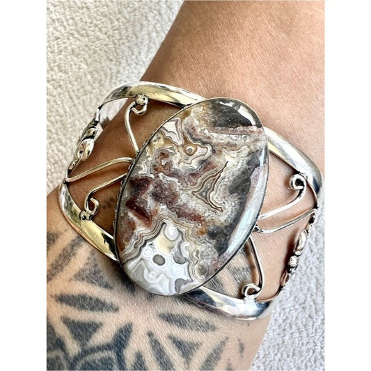 925 STUNNING Crazy Lace Agate Cuff Bracelet