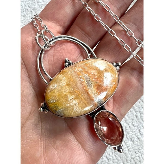 925 Sacred Heart Bumblee Bee Jasper + Morganite Pendant Necklace