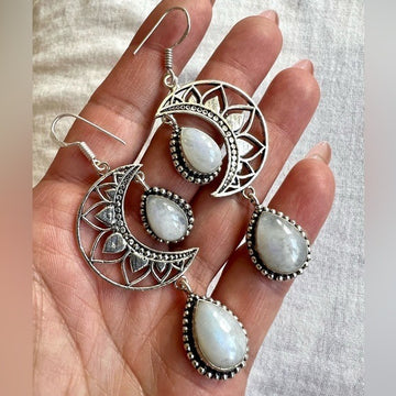 925 LUNA MOON Flash Moonstone Crescent Dangle Earrings