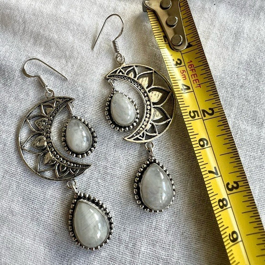 925 LUNA MOON Flash Moonstone Crescent Dangle Earrings