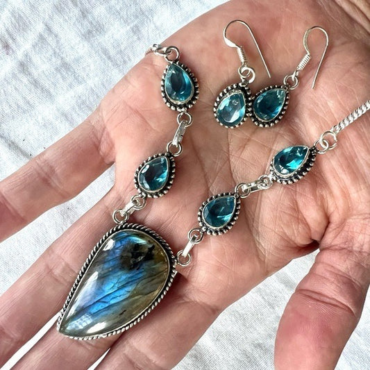 925 (2) Pieces SET Rainbow Flash Labradorite + Blue Topaz Necklace & Earrings