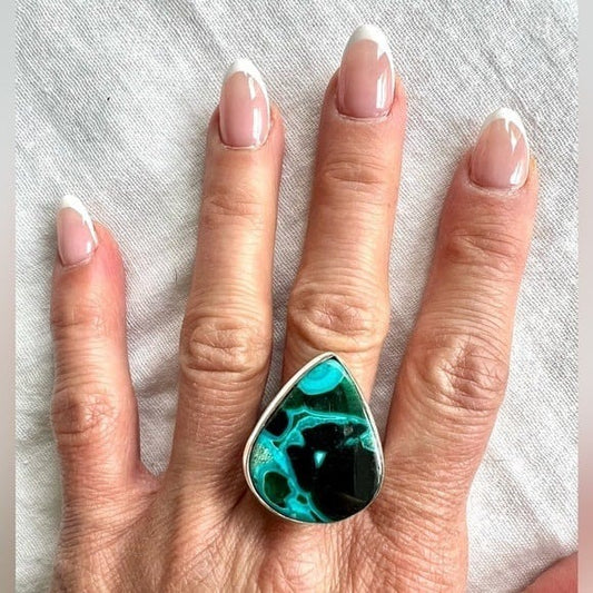 925 Malachite + Chrysocolla Teardrop Ring 9