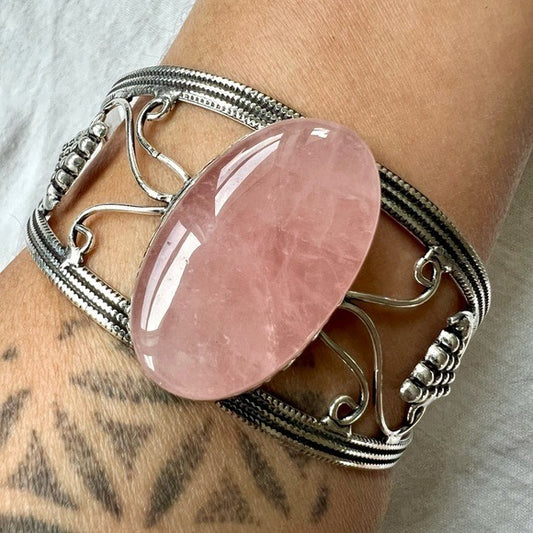 925 LOVE BOMB Rose Quartz Cuff Bracelet