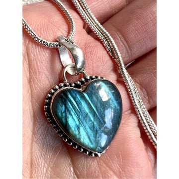 925 Sea Blue Aqua Flash Labradorite ❤️ Heart Pendant Necklace