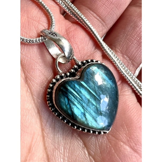 925 Sea Blue Aqua Flash Labradorite ❤️ Heart Pendant Necklace