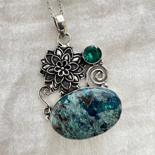925 Lotus Chrysacolla + Topaz Pendant Necklace