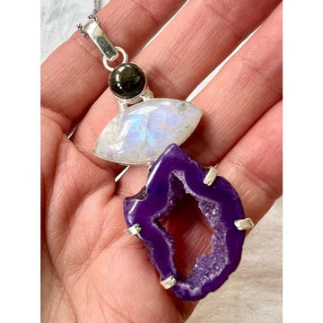 925 OMG STUNNING! Rainbow Flash Moonstone, Labradorite + Micro Quartz Necklace