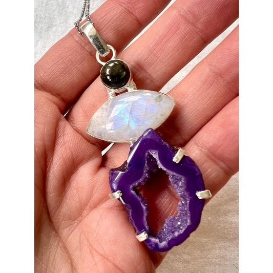 925 OMG STUNNING! Rainbow Flash Moonstone, Labradorite + Micro Quartz Necklace
