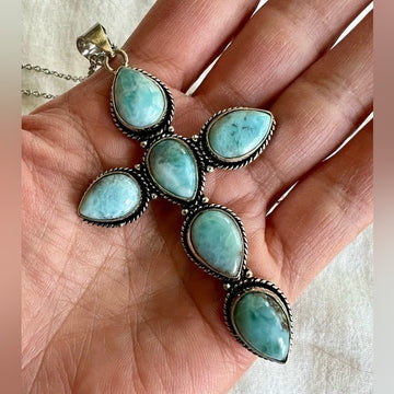 925 Calming Caribbean Larimar Cross Necklace Pendant (you choose size!)