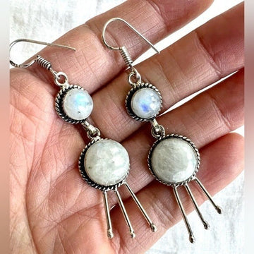 925 Modern Organic Rainbow Flash Moonstone Earrings