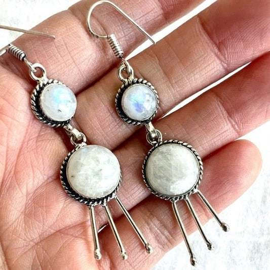 925 Modern Organic Rainbow Flash Moonstone Earrings