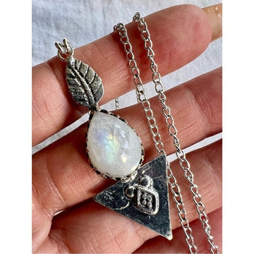 925 Feather + Arrow Rainbow Flash Moonstone Necklace Pendant