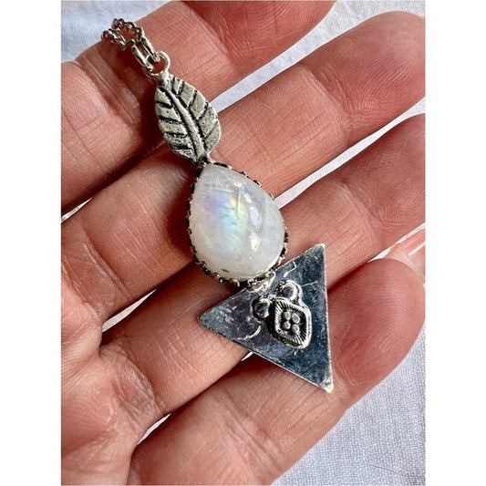 925 Feather + Arrow Rainbow Flash Moonstone Necklace Pendant