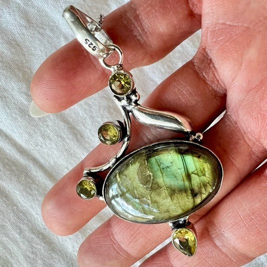 925 Golden Flash Labradorite + Topaz Pendant Necklace