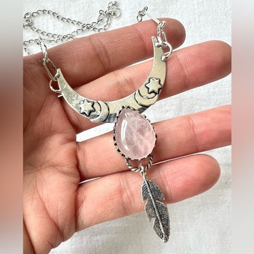 925 Love Rose Quartz Boho Feather + Moon Necklace Pendant