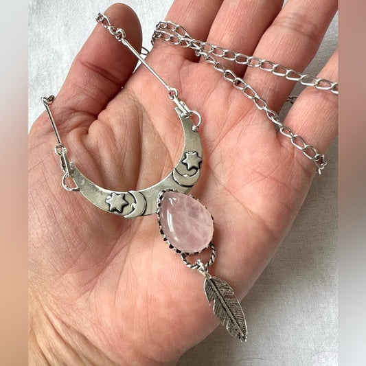 925 Love Rose Quartz Boho Feather + Moon Necklace Pendant