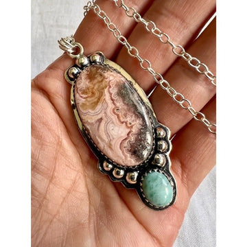925 OOAK! GORGEOUS! Crazy Lace Agate + Larimar Pendant Necklace