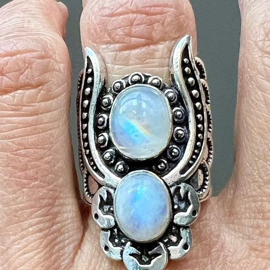 925 Angel Wing Rainbow FLASH Moonstone GODDESS Ring 6 7 8 9 10
