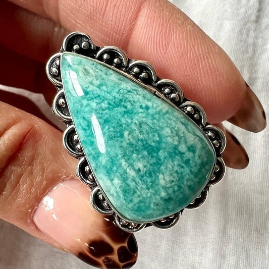 925 Peacekeeper Amazonite Teardrop Ring 8.25