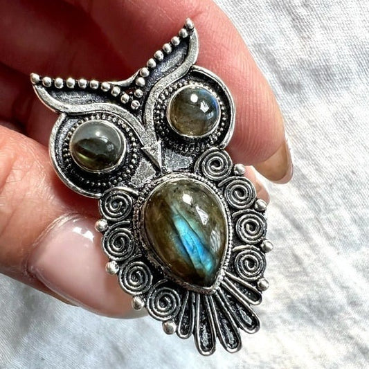 925 OWL SPIRIT ANIMAL Flash Labradorite Ring 9