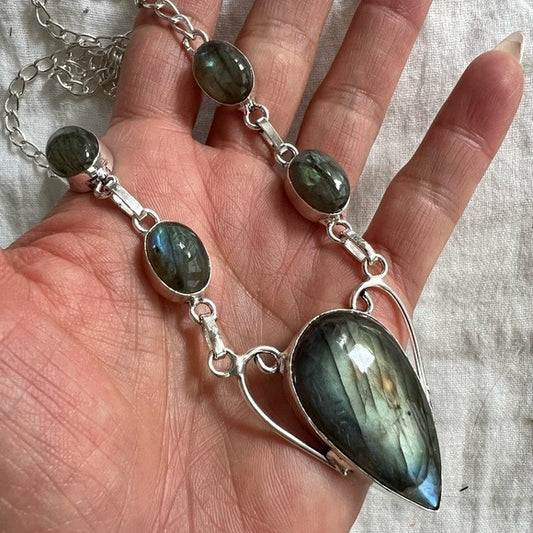 925 Silvery Blue FLASH Labradorite 5 Stone Necklace Pendant