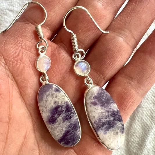 925 OMG Stunning! Galaxy Lepidolite + Rainbow Flash Moonstone Earrings