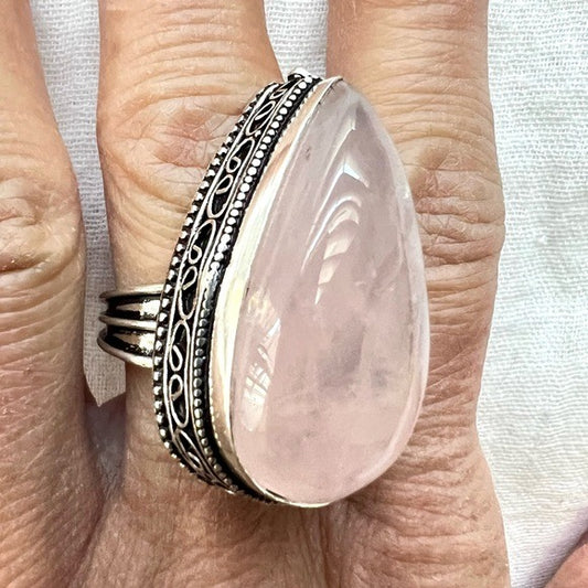 925 Large Ornate Rose Quartz Teardrop Ring Sz 7.5