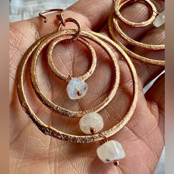 Hanmered Copper + Moonstone Triple Hoop Earrings