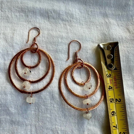 Hanmered Copper + Moonstone Triple Hoop Earrings