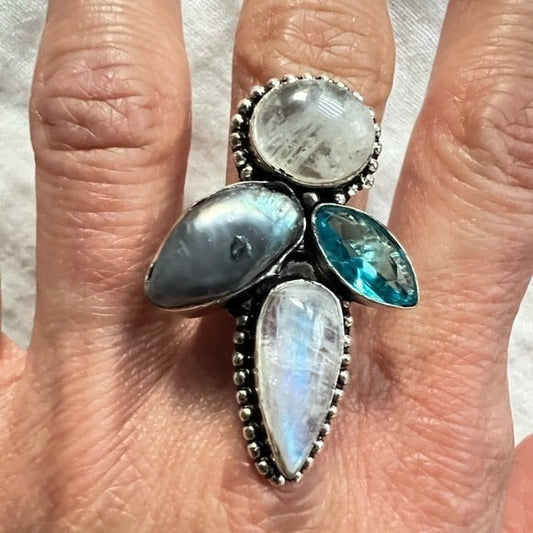 925 Rainbow Flash Moonstone + Pearl Multi Stone Ring 8