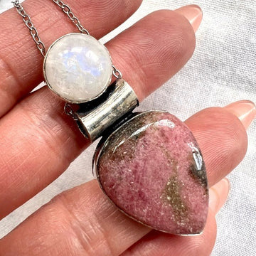 925 Love + Peace Rhodonite & Subtle Flash Moonstone Pendant Necklace