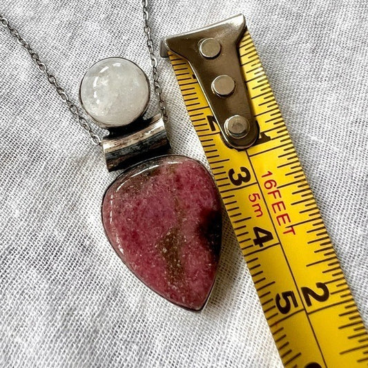925 Love + Peace Rhodonite & Subtle Flash Moonstone Pendant Necklace