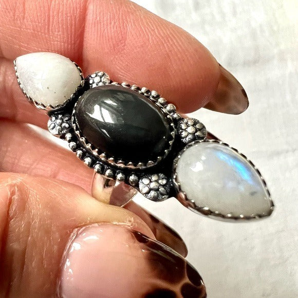 925 Peace + Protection Rainbow Flash Moonstone + Obsidian Ring Sz 8.25