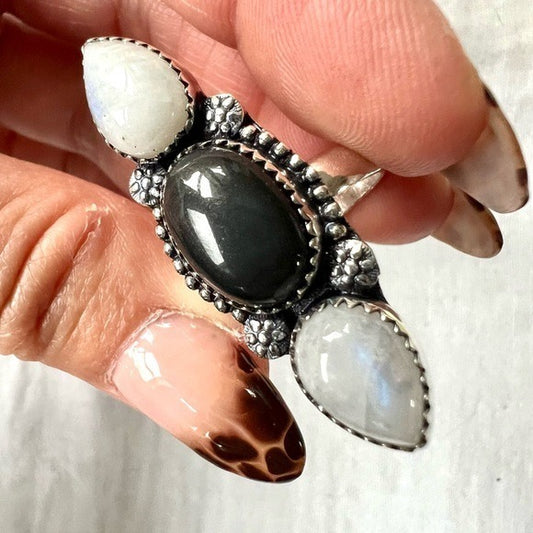 925 Peace + Protection Rainbow Flash Moonstone + Obsidian Ring Sz 8.25