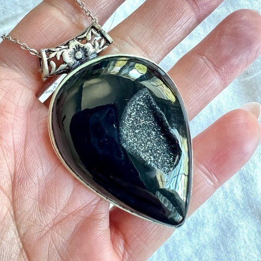 925 Protection Black Onyx Druzy Pendant Necklace