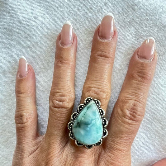 925 Calming Caribbean LARIMAR Teardrop Ring 6.5