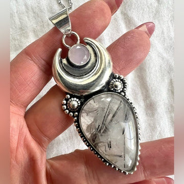 925 OMG OMG Luna Moon Tourmalated Quartz Pendant Necklace