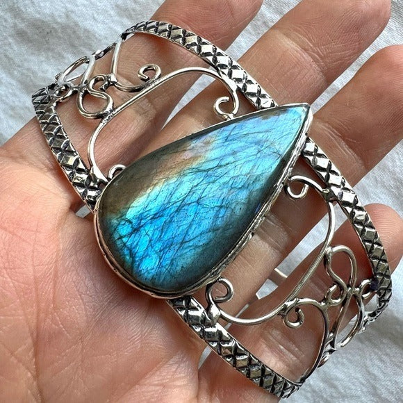 925 Fiery Flash Labradorite Teardrop Cuff Bracelet