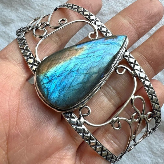 925 Fiery Flash Labradorite Teardrop Cuff Bracelet