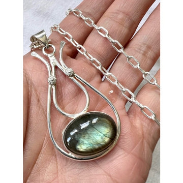 925 BRILLIANT Flash Labradorite Paper Clip Chain Necklace Pendant